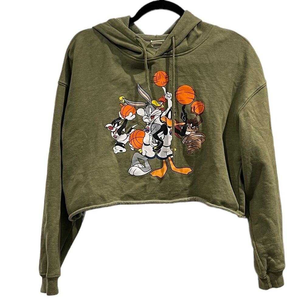Space Jam Looney Tunes Cropped Hoodie Women's S Green Bugs Bunny Basketball